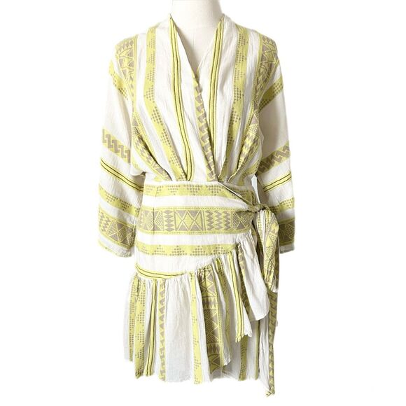 Devotion Twins Belted Mini Wrap Dress Brown Lime Green Off White Size Small - Picture 1 of 5